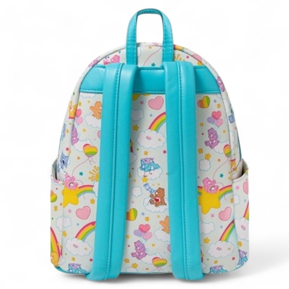 Loungefly Care Bears AOP Rainbow & Clouds Mini Backpack, White & Turquoise, NEW